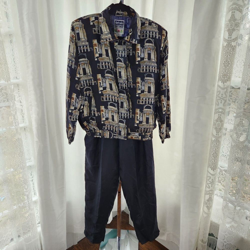 VINTAGE Details Sportswear 100% Silk Jacket Bomber Windbreaker Pant Set L Womens